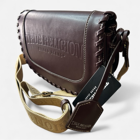True Religion Wine Crossbody with guitar strap and beautiful whip stitch. NWT - Picture 2 of 8